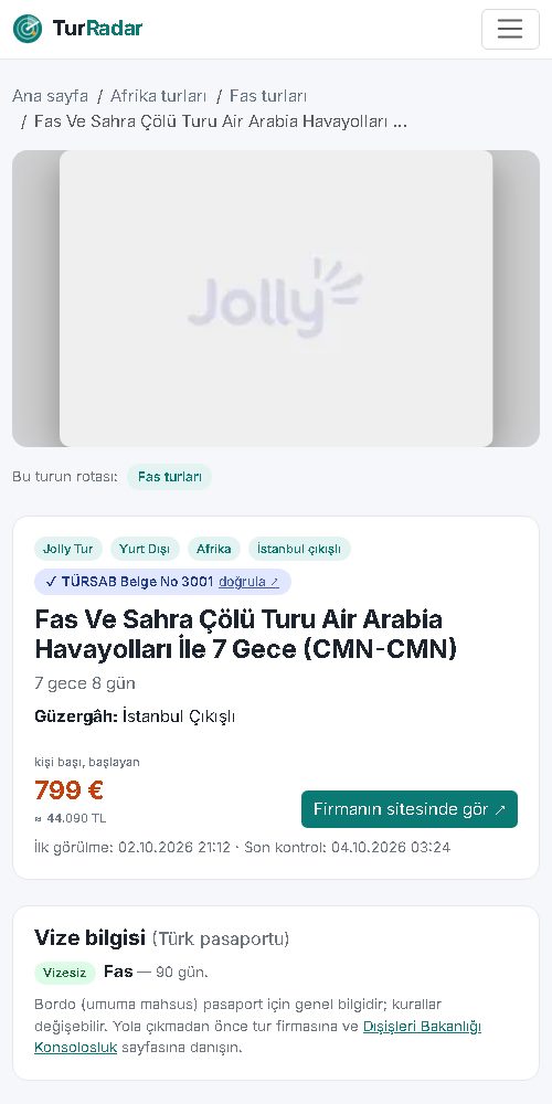 Tur sayfasının telefondaki görünümü